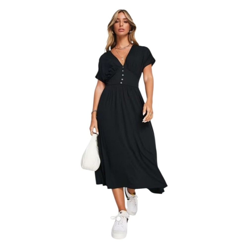 ASOS design waisted midi tea dress with buttons in black size 2
